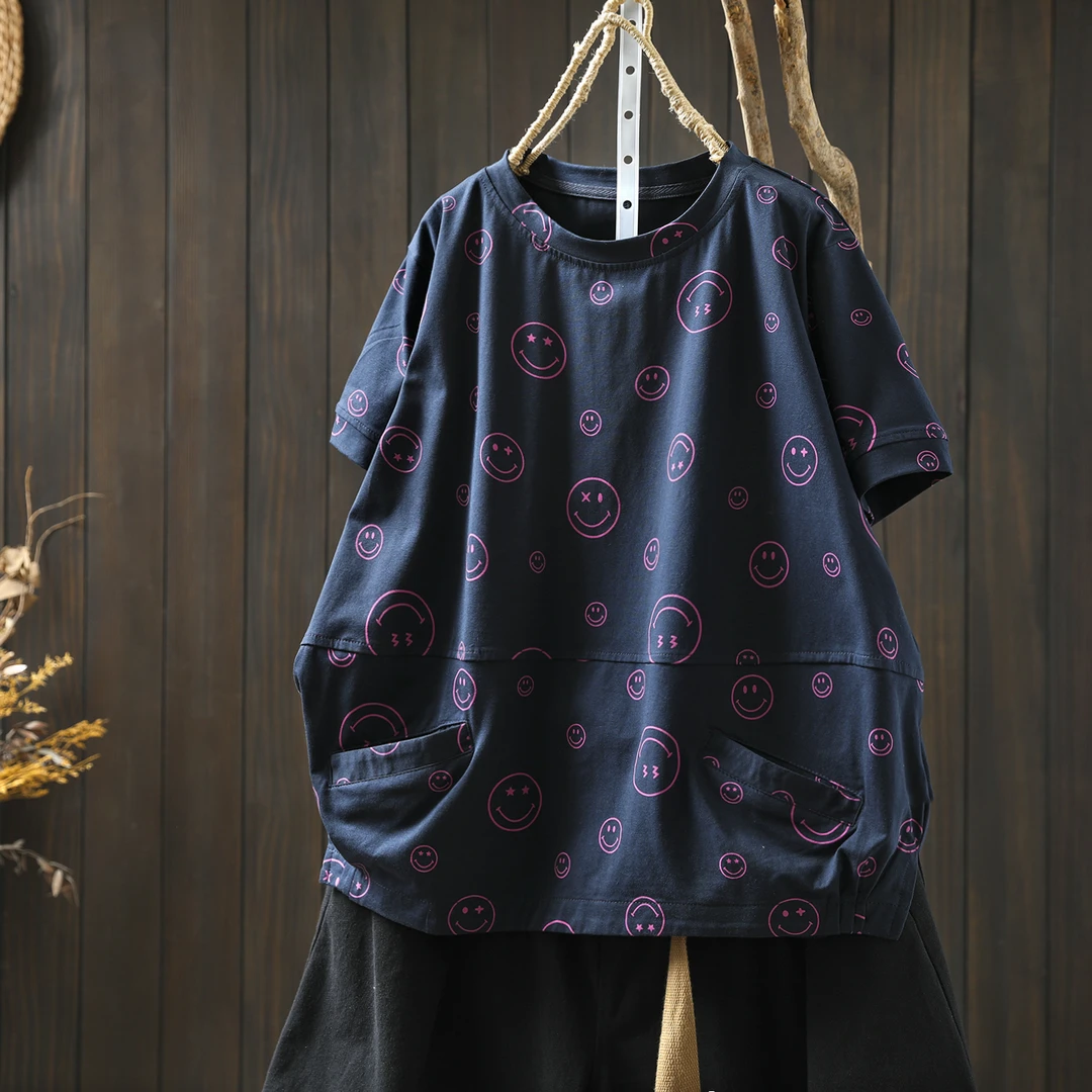 笑脸印花短袖t恤女2025夏新款宽松遮肉显瘦休闲减龄弹力圆领上衣