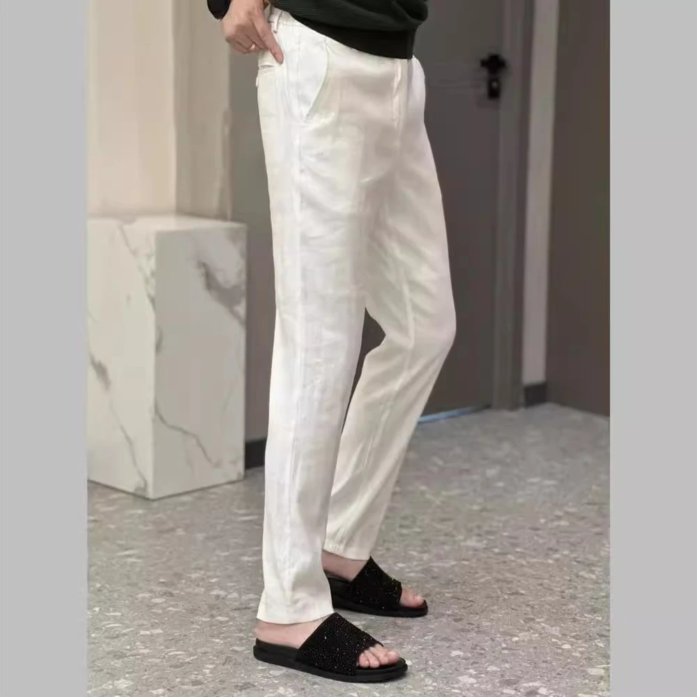 夏季高品质软亚麻亲肤舒适白色运动休闲裤男士修身轻奢长裤子薄款
