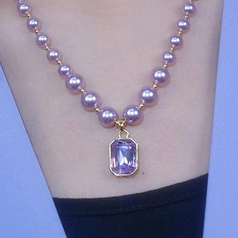 铜合金项链 新款轻奢小众风女士紫色方糖项链锁骨链时尚百搭商品图