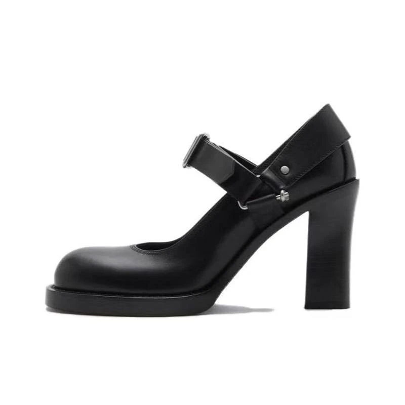 未使用 BURBERRY/博柏利 牛皮 圆头搭扣 粗跟 高跟鞋 8.5cm 女款