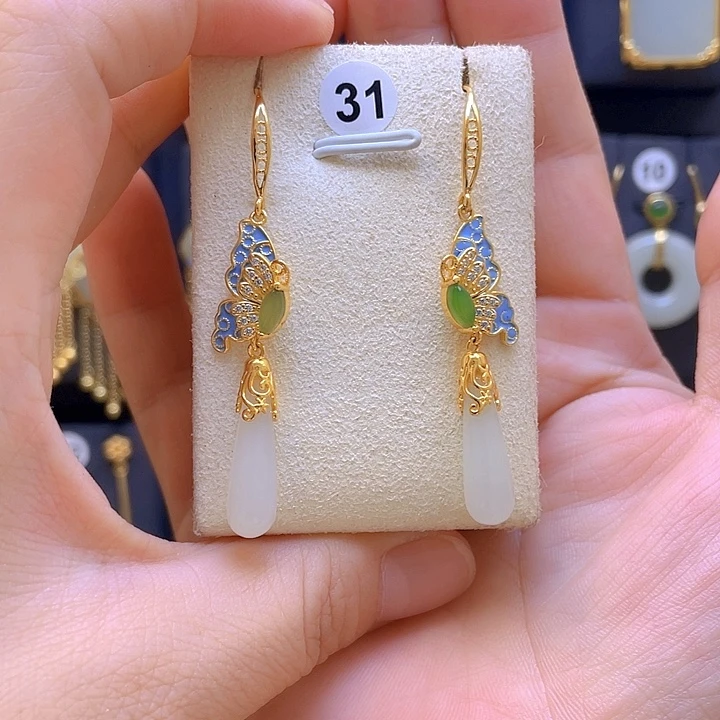 银S925镀金镶嵌和田玉耳饰