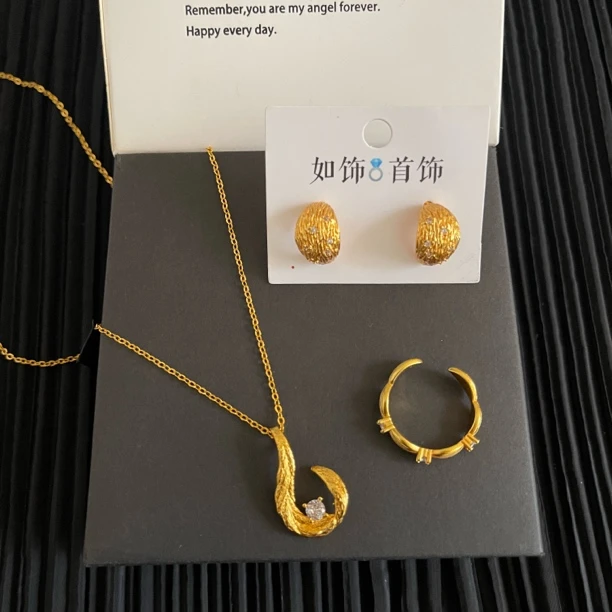 铜合金项链 如饰 古法新款拉丝三件套套装百搭金色简约精致