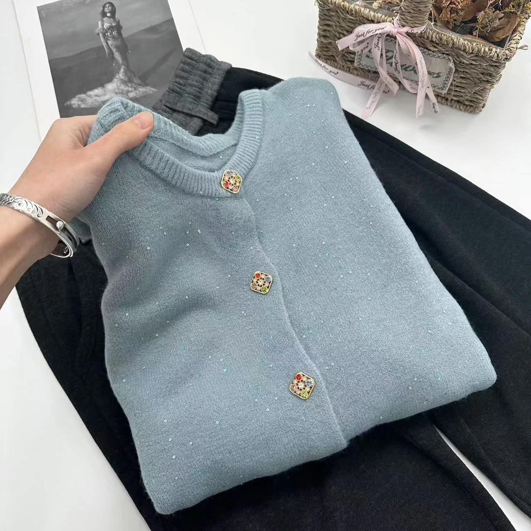 【蓝月光】冬季新款 高克重！奶油蓝小金方扣细闪针织衫Y5298蓝