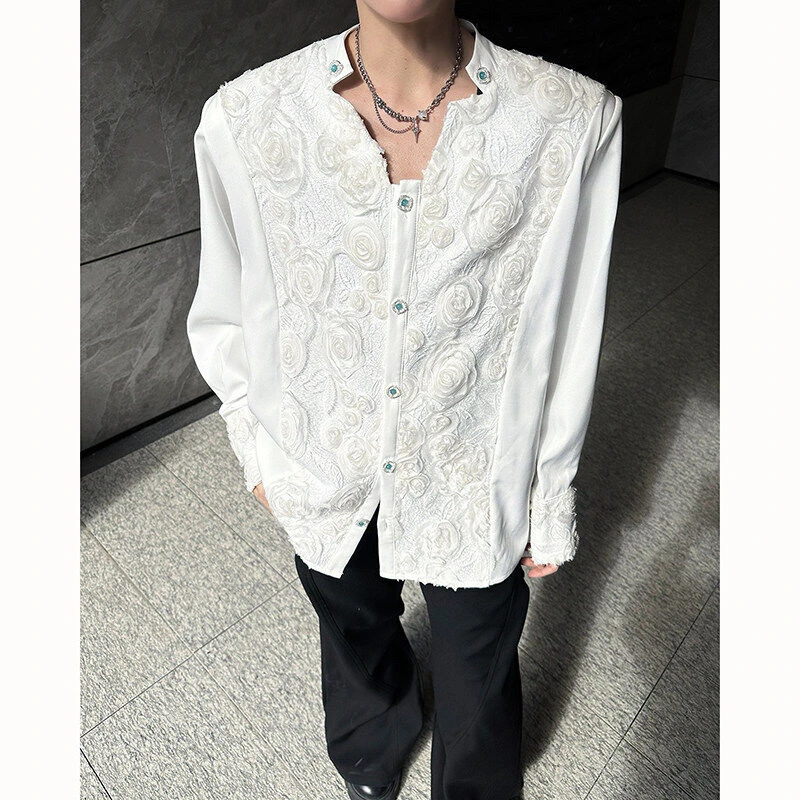早秋轻奢宫廷垫肩白衬衫男长袖小众蕾丝刺绣前后玫瑰花发型师衬衣
