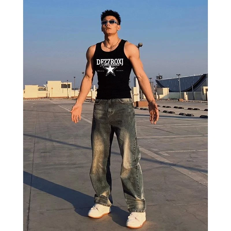 美式潮牌星星印花休闲运动纯棉背心男夏季潮牌百搭修身无袖打底衫