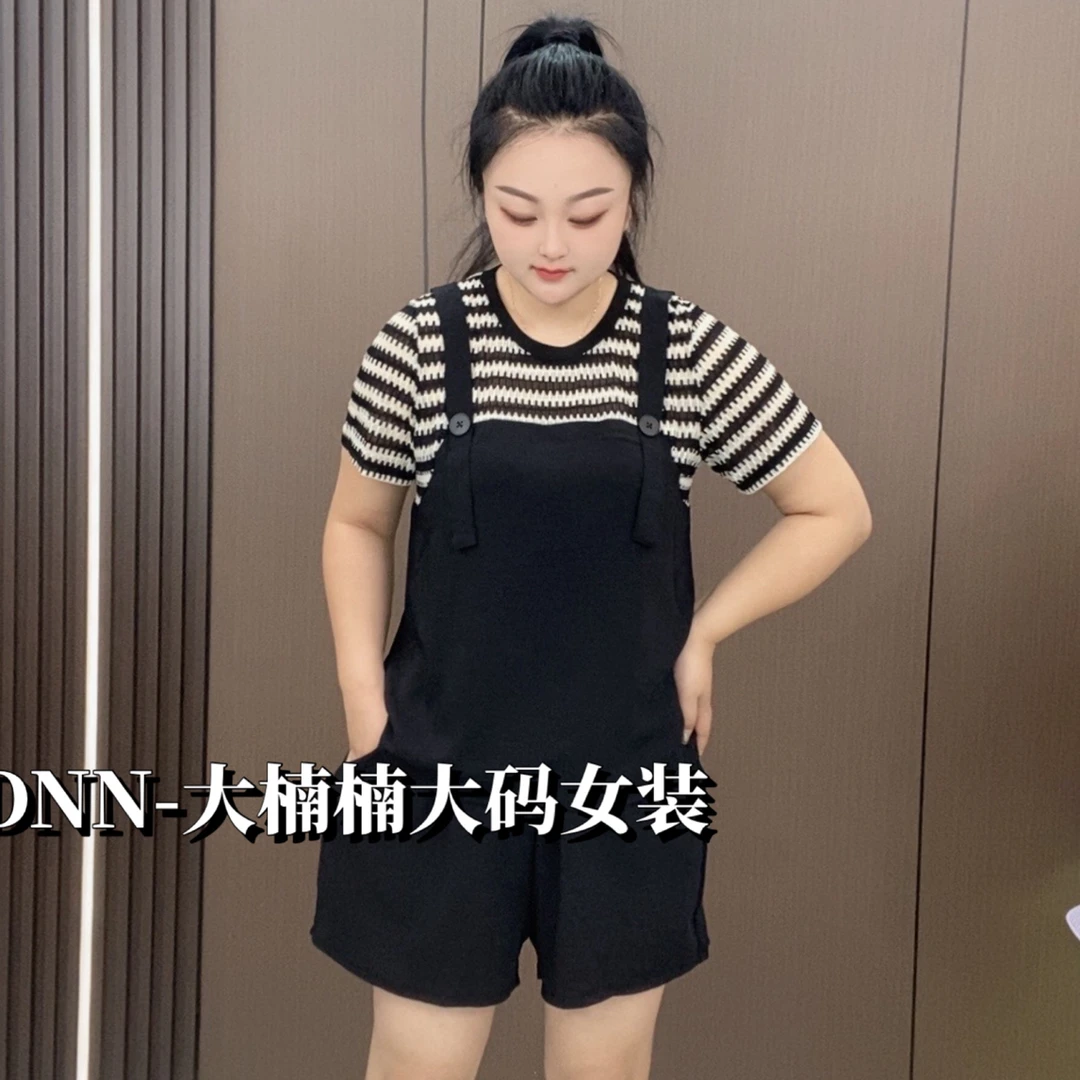 631-夏季新款减龄条纹拼接假两件显瘦大码女短袖t恤时尚短裤套装