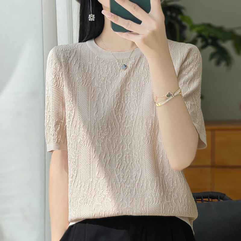 哥弟阿玛施正短袖T恤女装桑蚕丝夏季圆领针织衫薄款冰丝洋气上衣