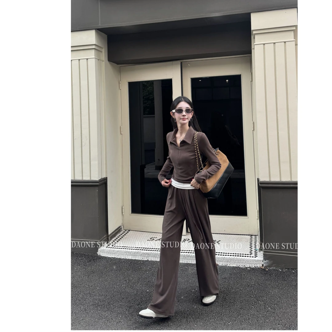 DAONE【慵懒休闲美学】假两件polo领直筒阔腿长裤两件休闲套装时尚