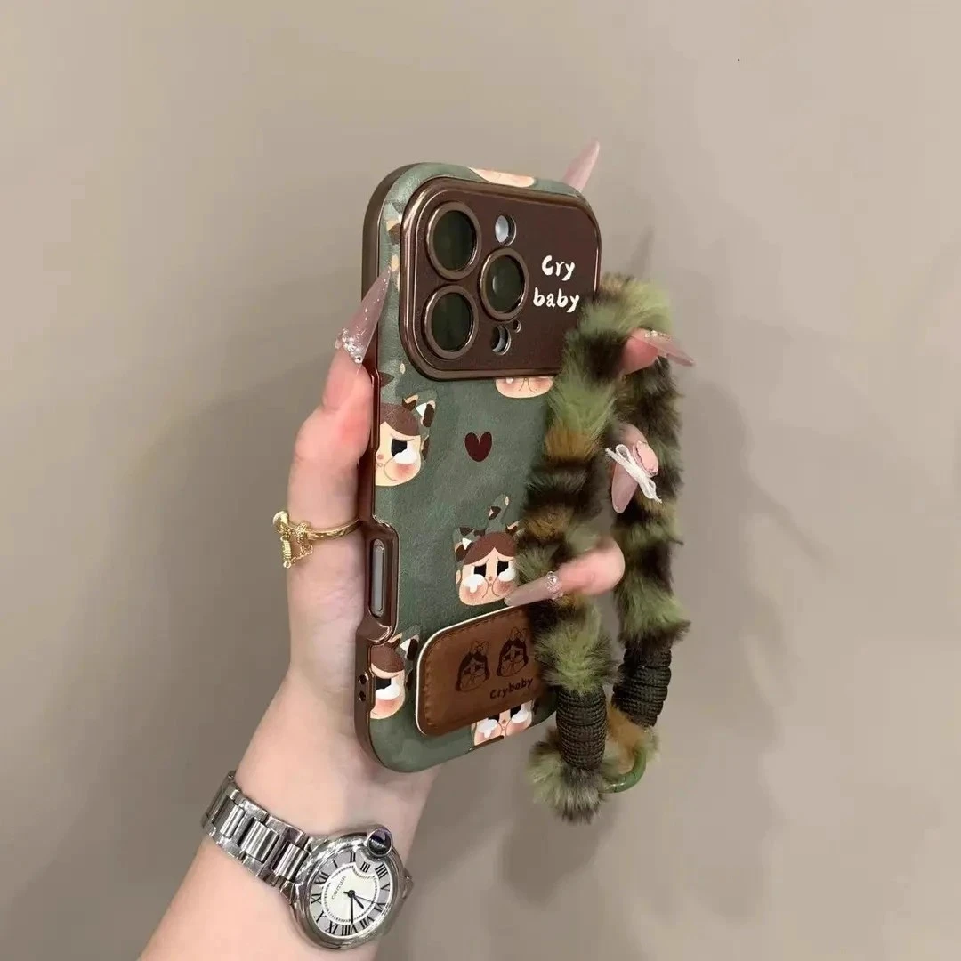 秋冬皮质大视窗绿底哭娃适用iPhone17手机壳16pro毛绒挂绳15pm女