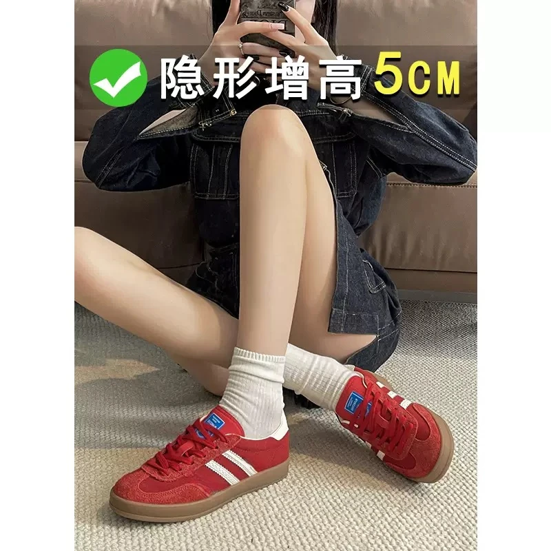 真皮复古红色德训鞋女2025夏季新款网面透气百搭红色德训鞋女款