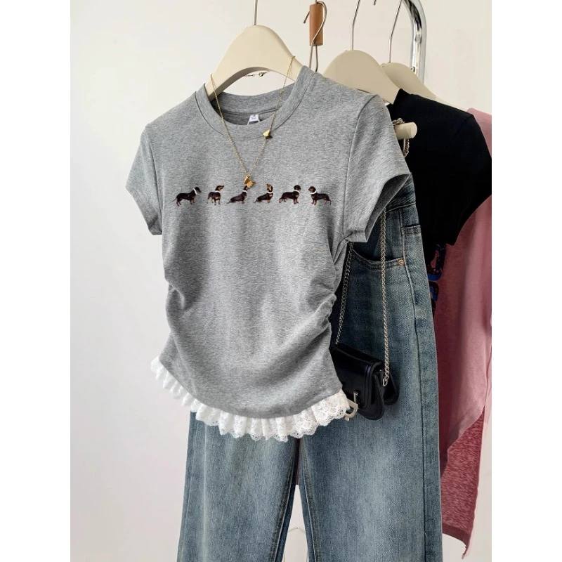 大码女装蕾丝花边正肩短袖t恤夏2025新款设计感短款修身体恤上衣