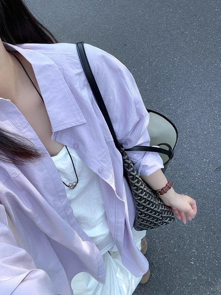 百搭韩系紫色衬衫女休闲薄款正肩宽松长袖衬衣外套独特超好看上衣