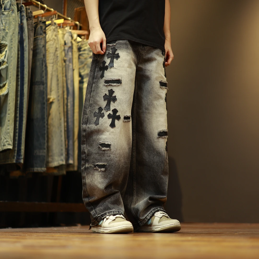 31043新款潮牌宽松水洗复古假破洞弯刀牛仔裤