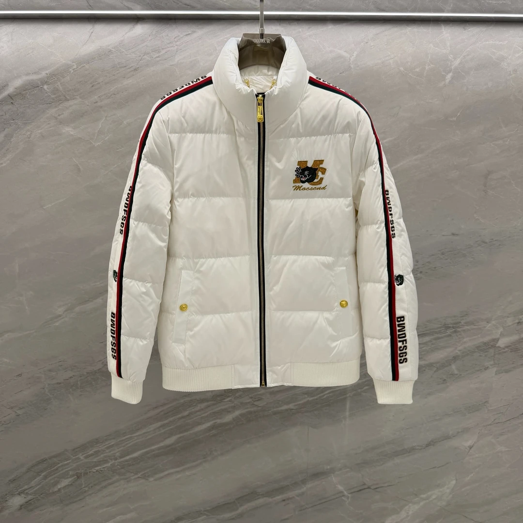 欧货潮流个性痞帅男士刺绣立领织带拼接白鸭绒羽绒服时尚冬季新款