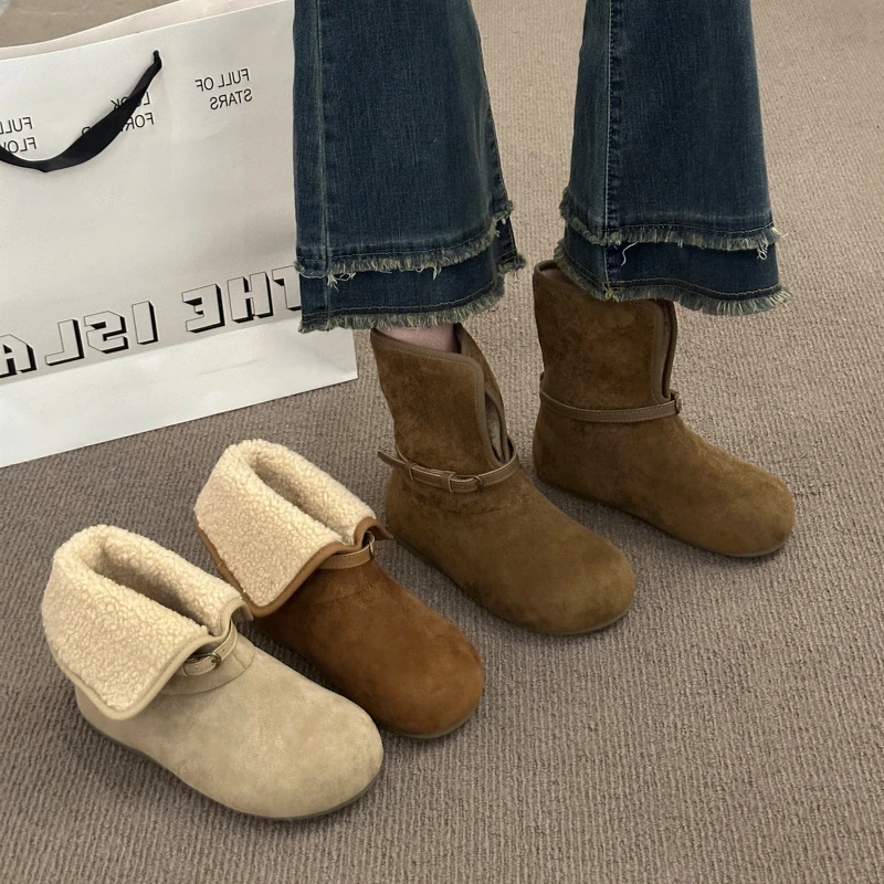 翻边两穿勃肯短靴加绒保暖雪地靴女2025冬季新款舒适软底毛毛棉靴