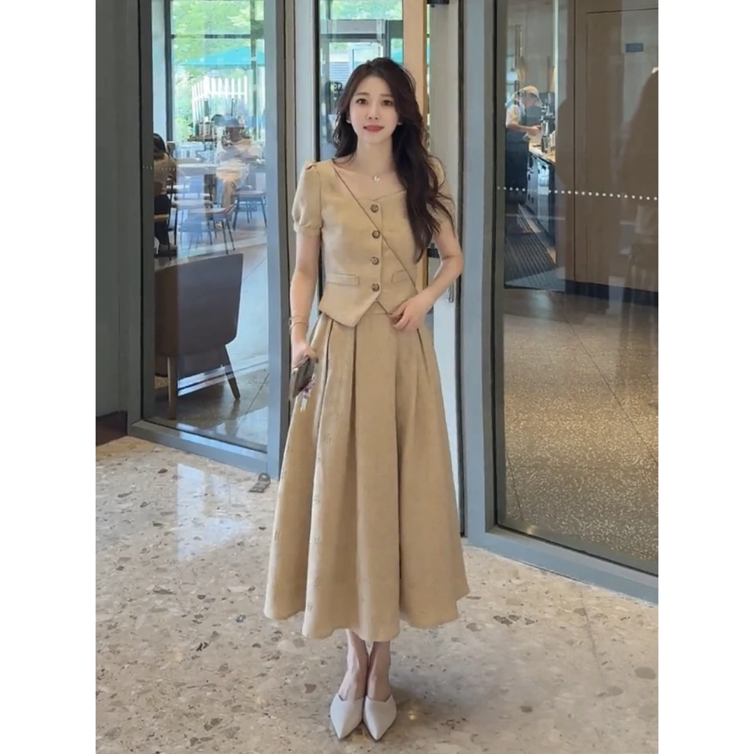 【壹壹】夏季新款高级感气质收腰显瘦卡其千金套装上衣+高腰半身裙