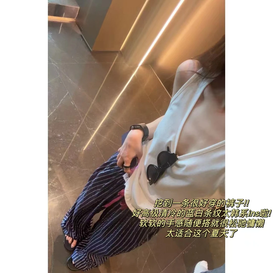 徐秋阳  红抽绳条纹裤 显瘦时尚条纹慵懒百搭休闲裤9392