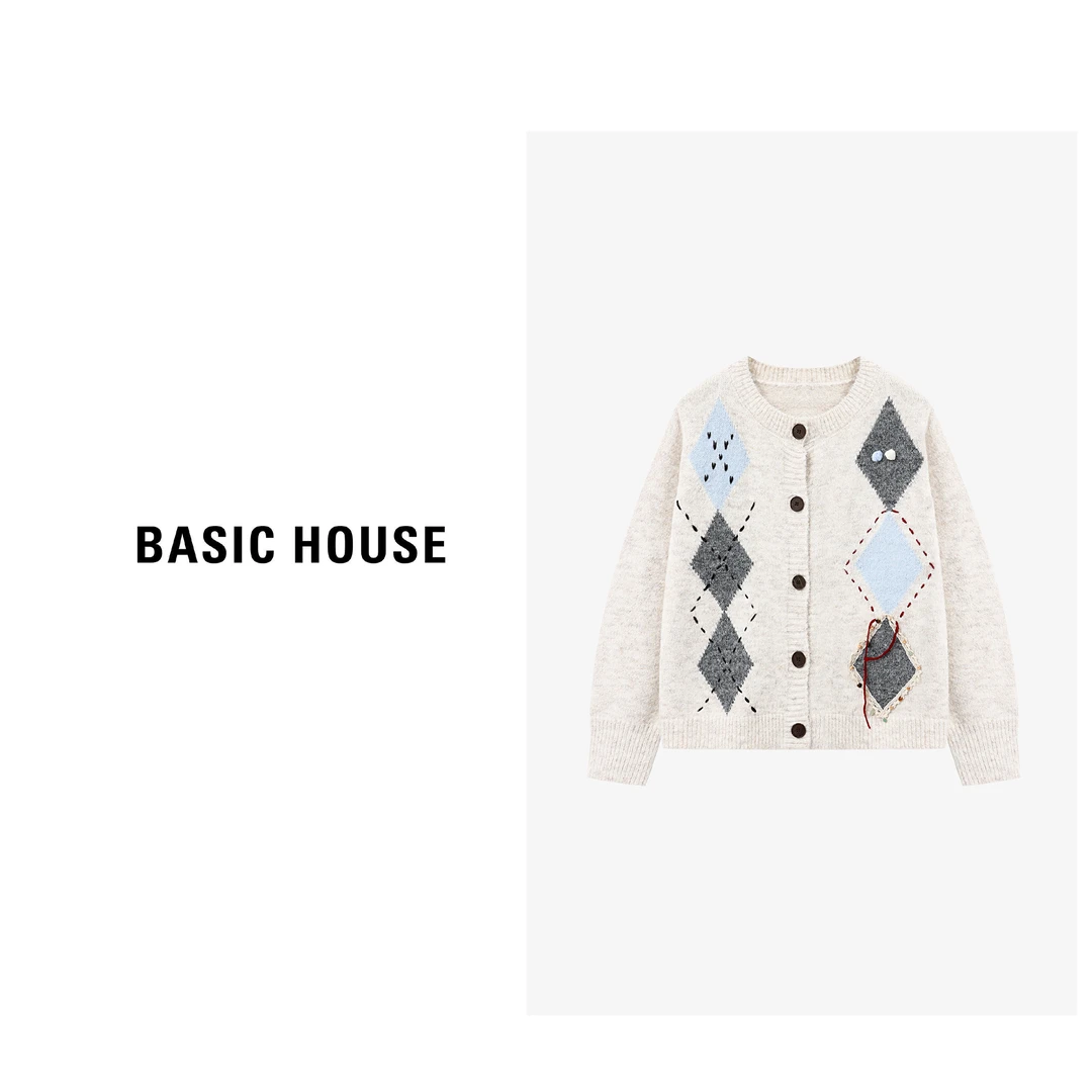 Basic House/百家好舒适菱形提花宽松休闲开衫毛衣-B0625B5NJC2