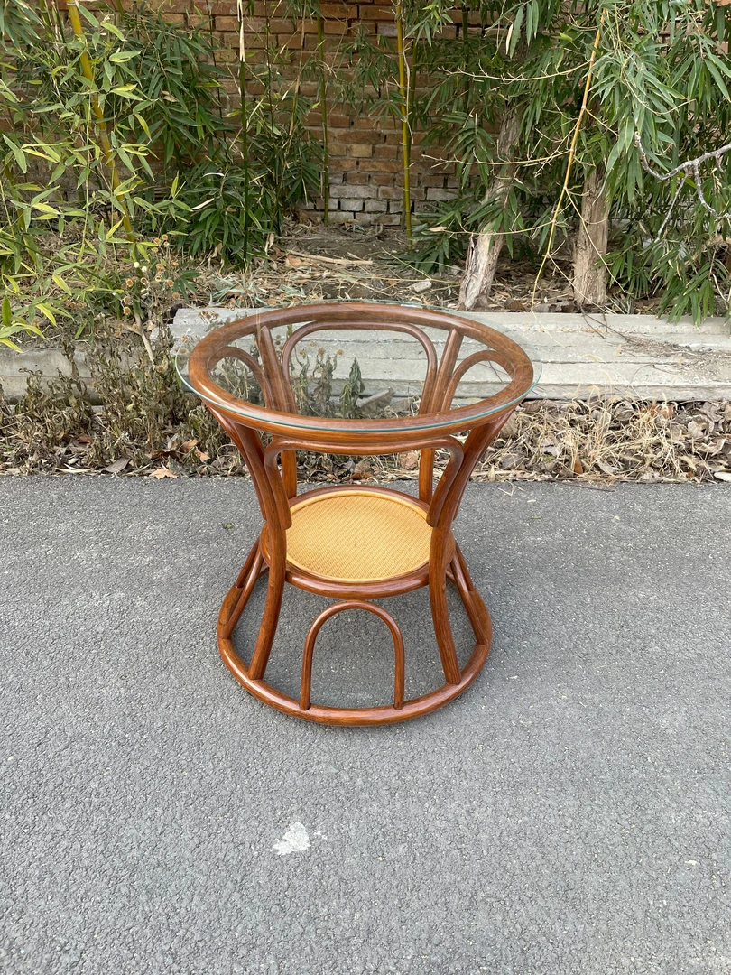 手工藤编圆形茶几藤茶几阳台桌家具家用茶桌双层藤茶几（花梨色调）