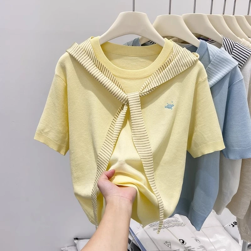 韩系洋气别致带披肩针织短袖T恤两件套女2025夏季新款设计感上衣