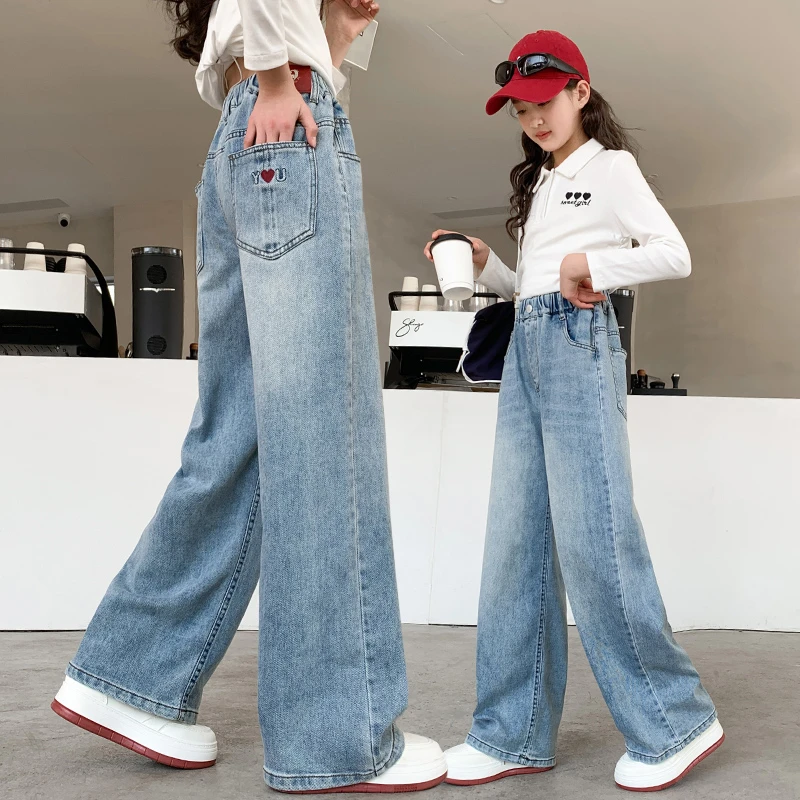 女童春秋牛仔长裤初中生儿童裤子洋气2025新款中大童春装阔腿裤