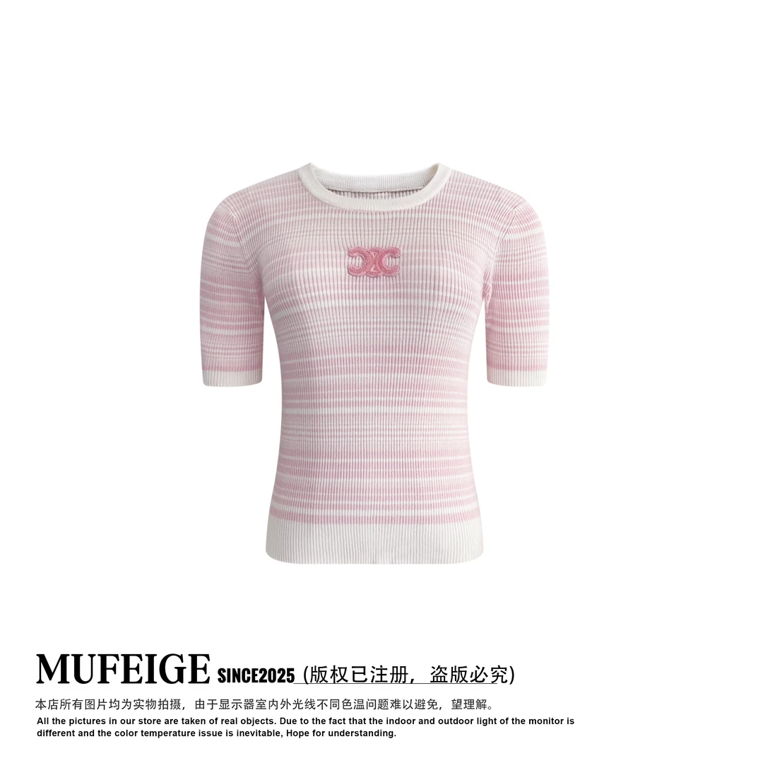 MUFEIGE 粉色圆领Z1撞色套头短袖针织衫 白搭 时尚-2225#