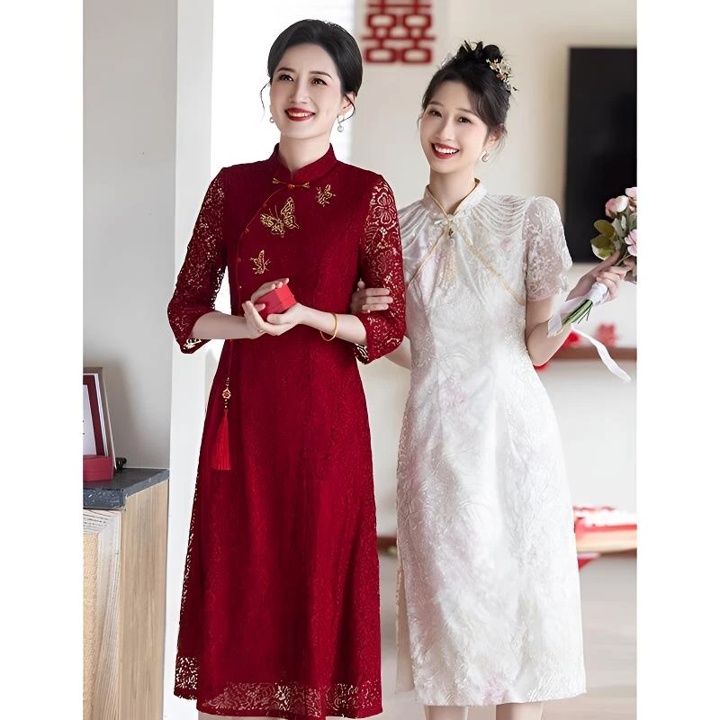 妈妈敬酒服旗袍红色中式裙子2025新款喜婆婆婚宴装订婚礼服连衣裙