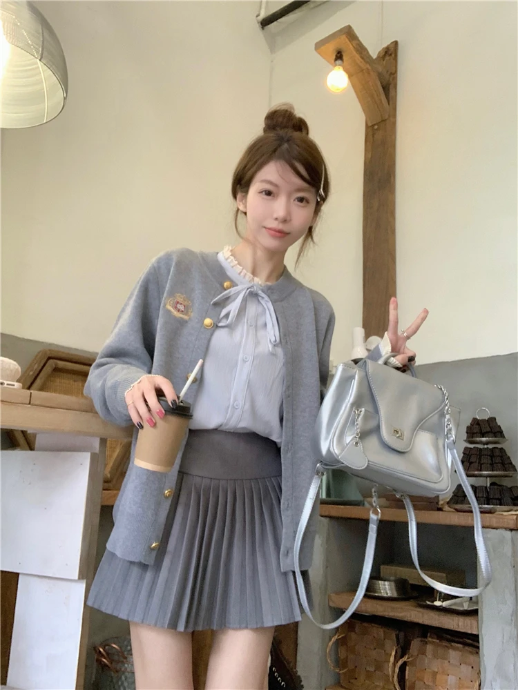 大码女装早秋穿搭套装2025学院风针织开衫外套高腰百褶短裙两件套