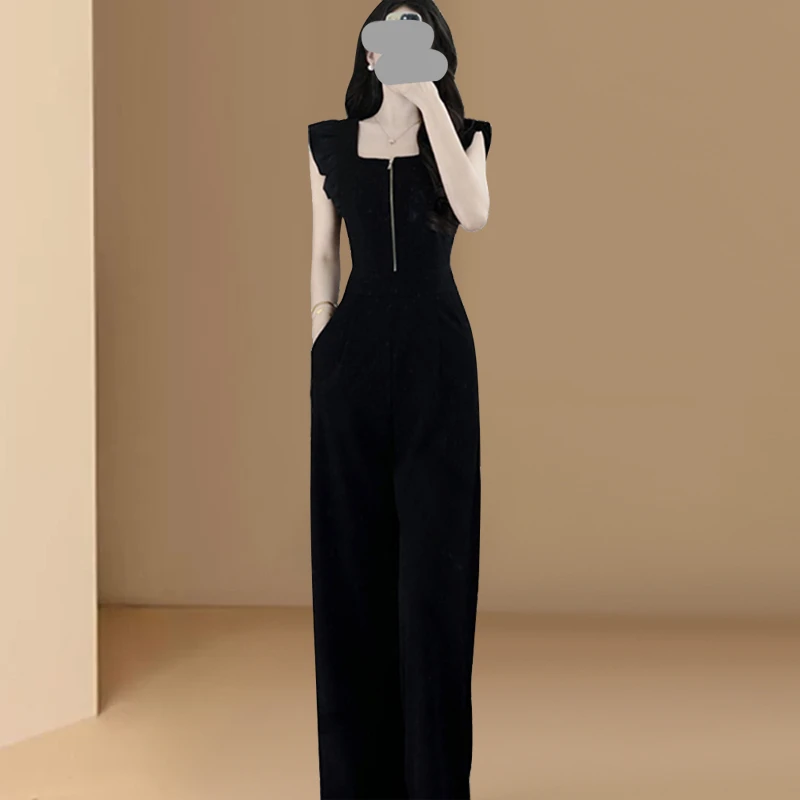 荷叶边飞飞袖连体裤女夏季2025新款高级感无袖垂感阔腿连身长裤