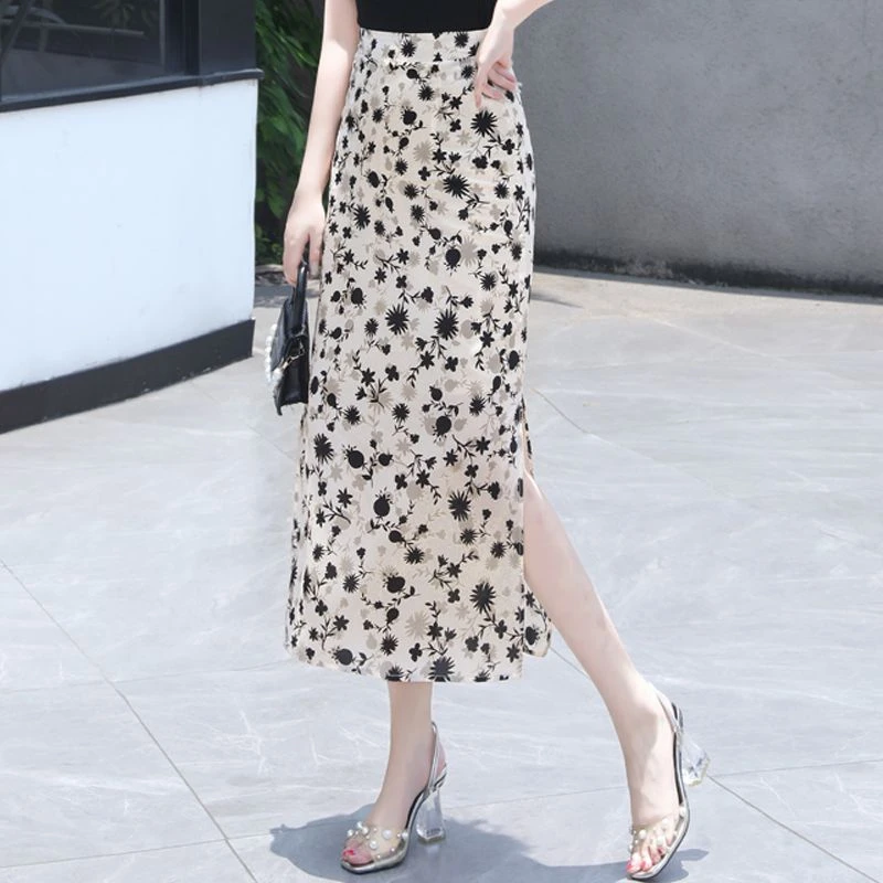 碎花半身裙女2025夏时尚薄款高腰中长款遮跨开叉长