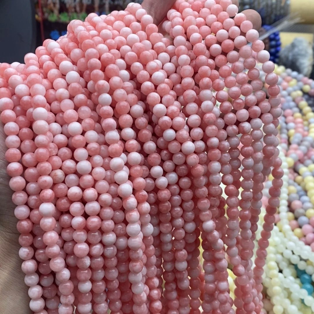 玛瑙/玉髓未镶嵌珠宝半成品一条6.5mm水蜜桃粉玉髓圆珠天然