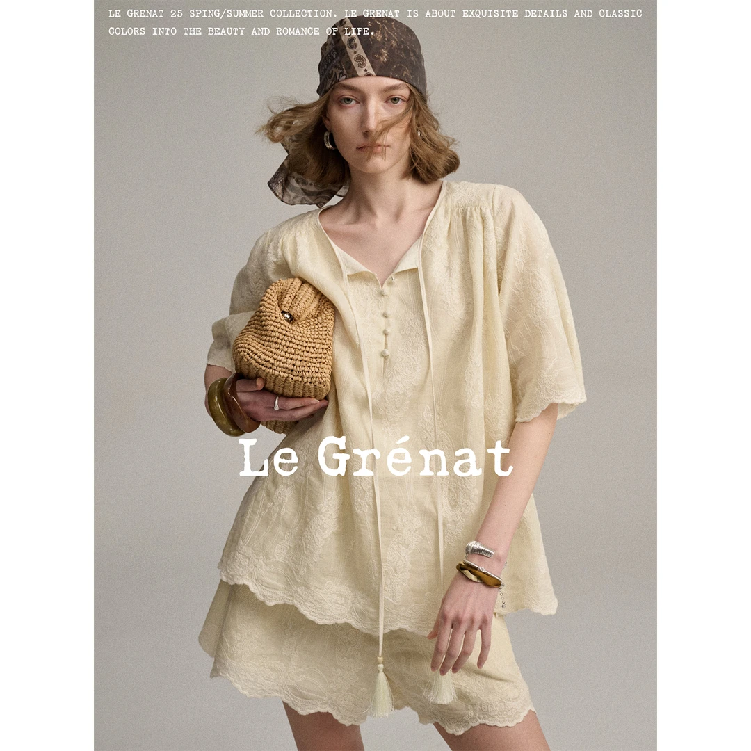 LeGrenat度假风重磅腰果花刺绣苎麻夏季中袖流苏上衣短裤套装女