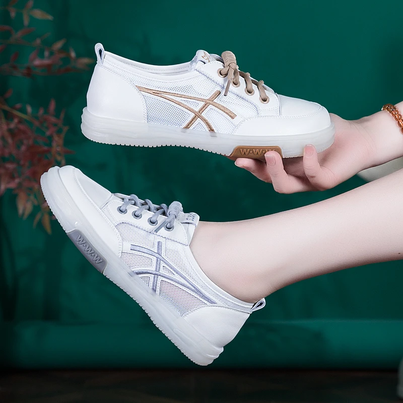 2025夏季新款小白鞋女网面女鞋百搭平底休闲鞋子真皮软底透气网鞋