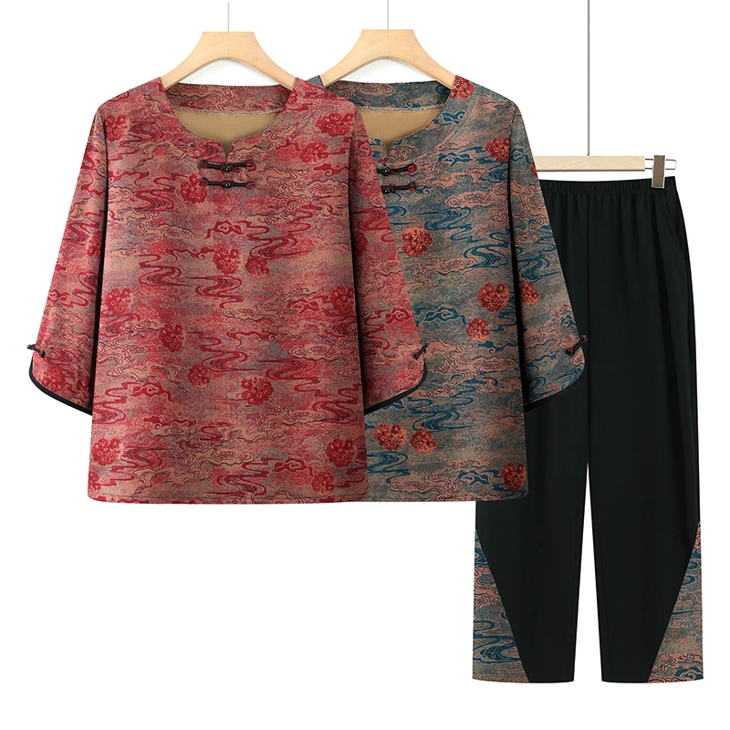 时尚妈妈夏装夏季新款中式套装国风中老年中年洋气上衣两件套女装