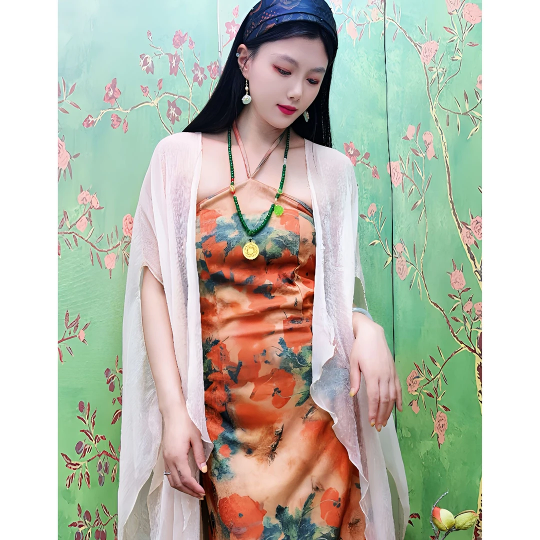 新中式国风改良复古旗袍中国风长款连衣裙网纱开衫套装欲风情万种