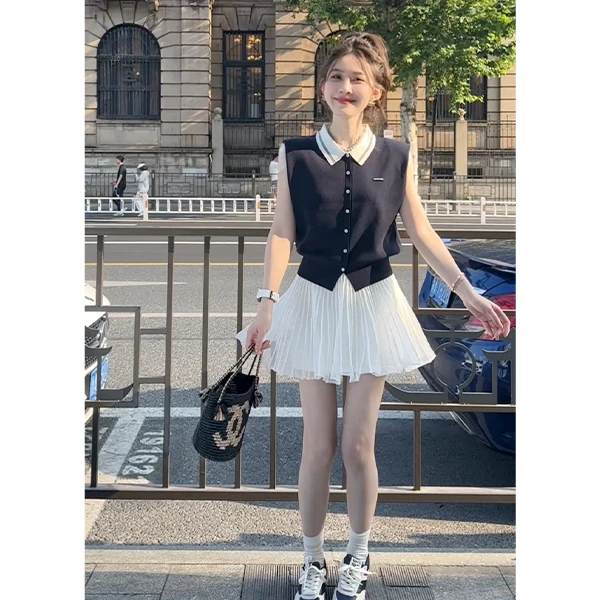 2025女士夏季洋气新款无袖POLO领针织衫上衣套装纯欲显瘦半身裙女