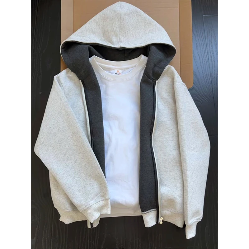 白花灰重磅双拉链连帽卫衣男秋冬季高级感美式boxy硬挺开衫外套