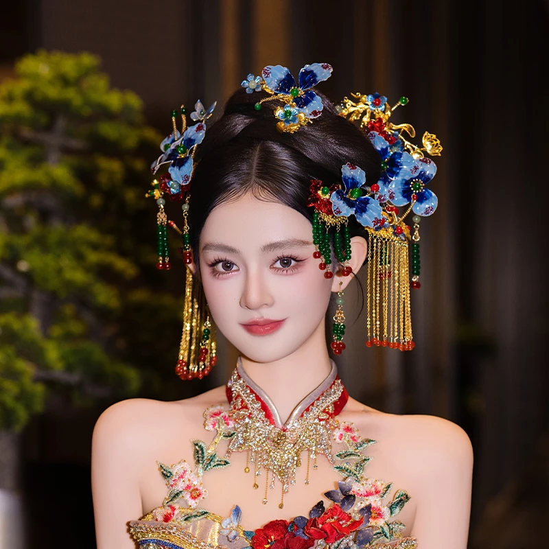 合金婚庆饰品 新娘国风景泰蓝秀禾手工复古新中式旗袍配饰品D0632