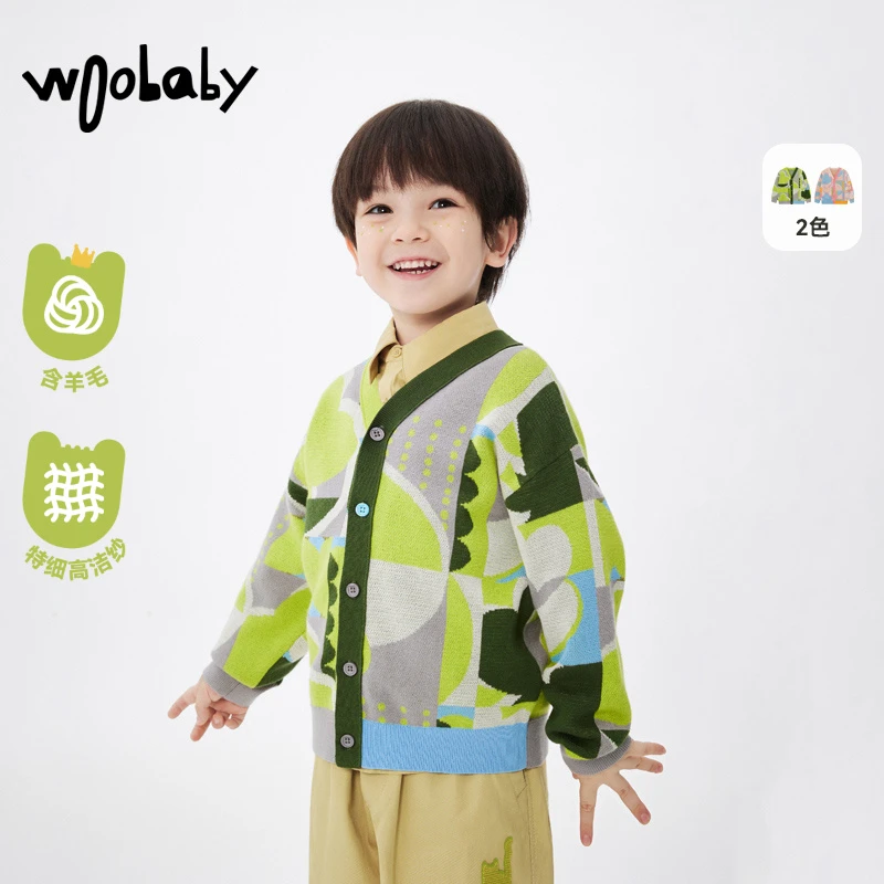 【童装】woobaby25年秋新品儿童针织开衫男童女童毛衫宝宝撞色童装