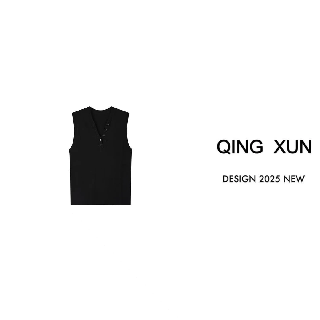 QING XUN 轻奢高级感纯色V领套头无袖背心{22665}