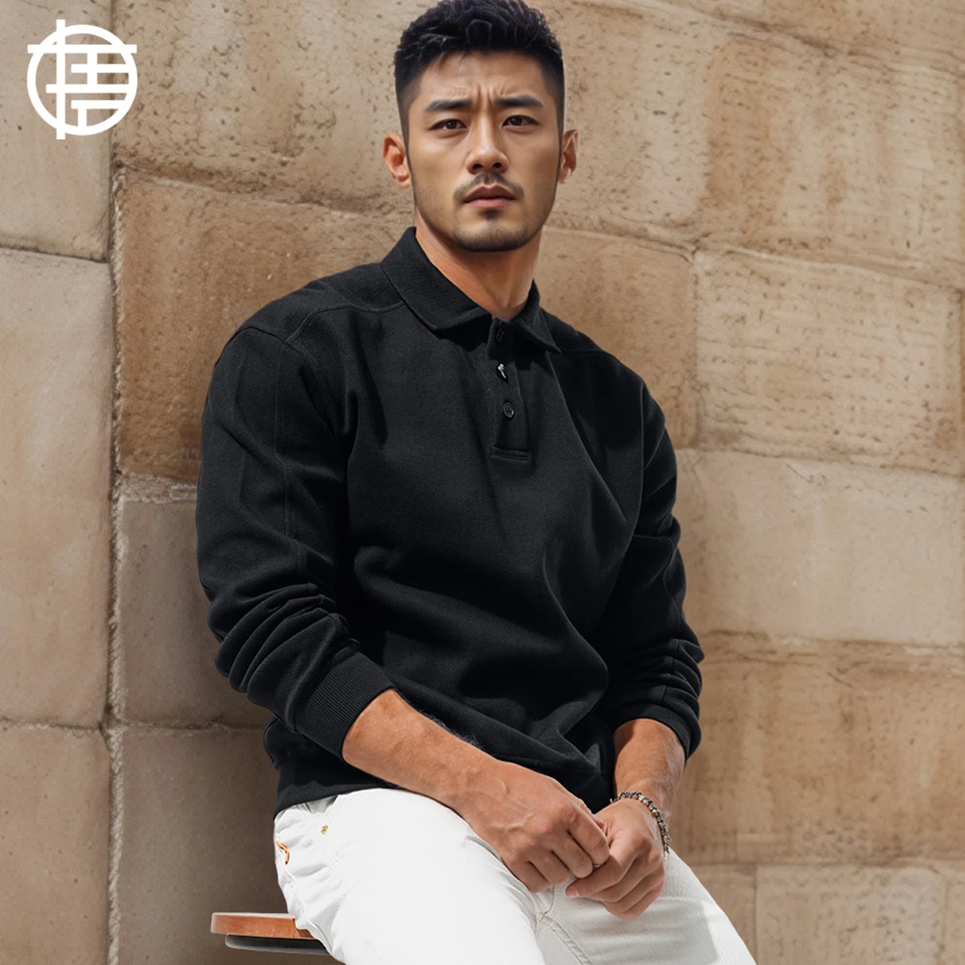 400G重磅珠地棉加厚翻领卫衣男款保暖宽松POLO衫纯色棉长袖T外穿
