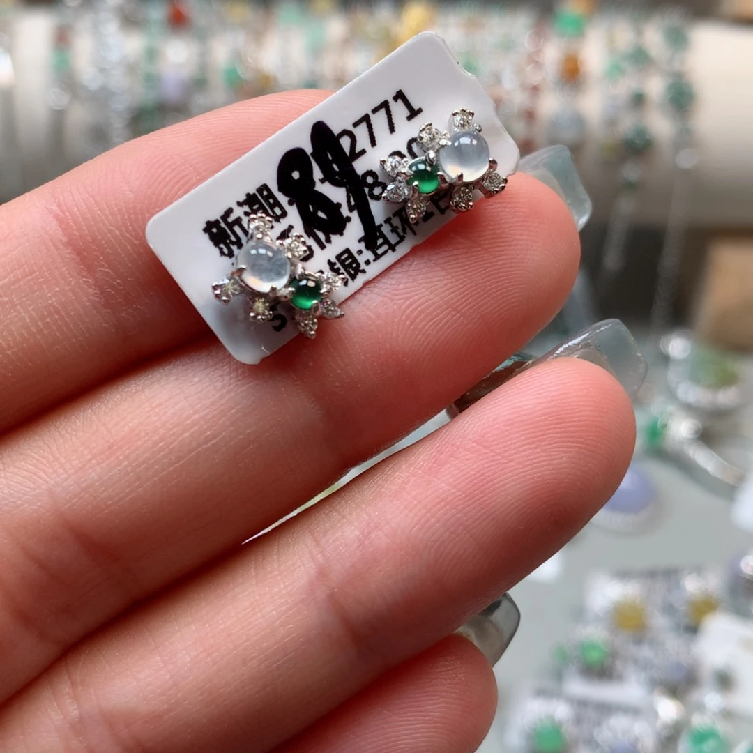 翡翠戒指银S925镶嵌耳钉