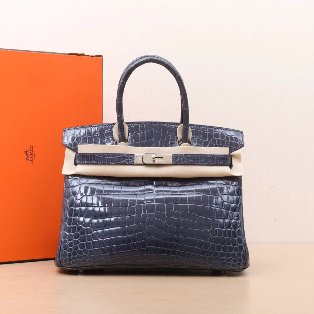 99新 Hermes/爱马仕 小花6欢 Birkin30深海蓝两点鳄鱼皮 框N 银扣