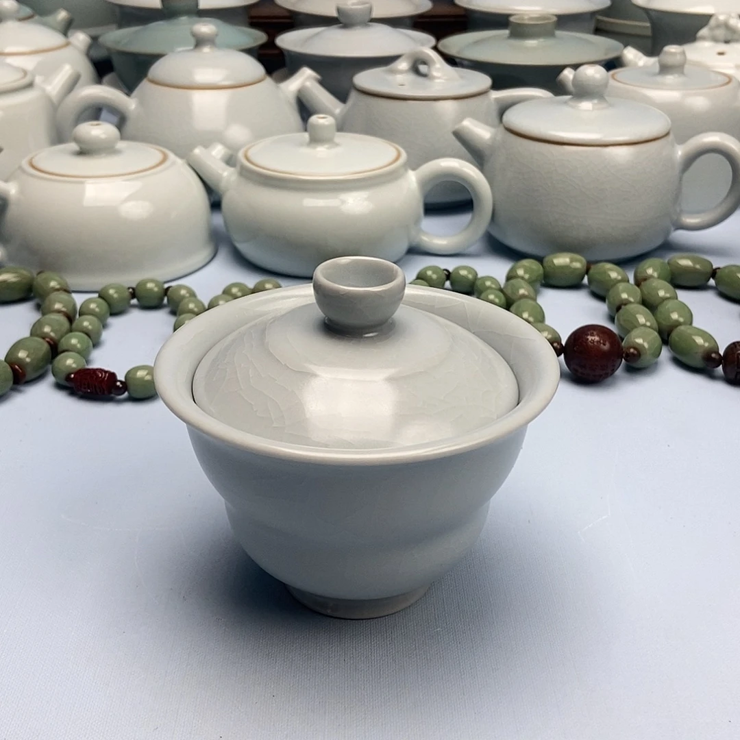 杯微微瑕仿古釉月白葫芦盖碗原矿原釉原产地