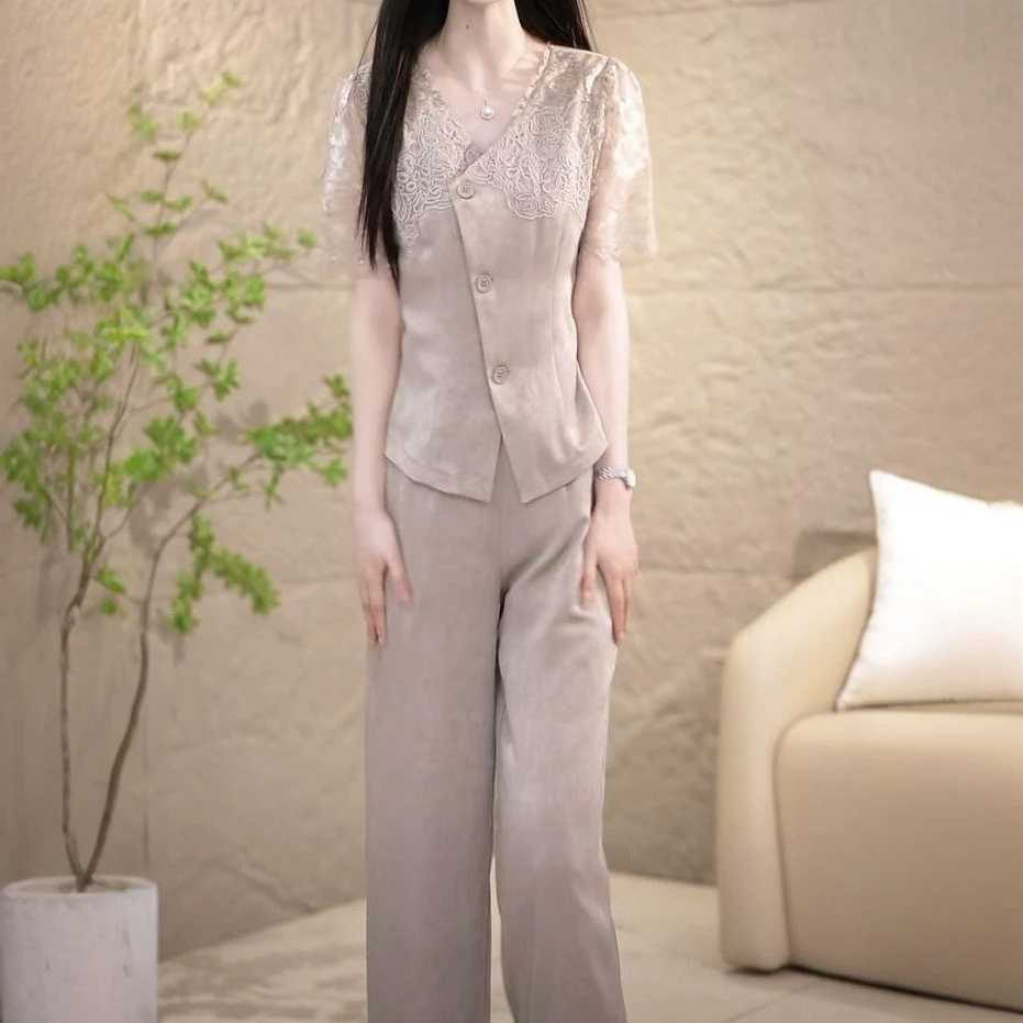 时尚冰丝缎两件套装裤子2025新款女夏季高档轻奢遮肉显瘦上衣长裤