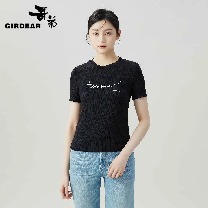 哥弟细坑条深呼吸字母印花圆领套头短款短袖T恤1300896女款