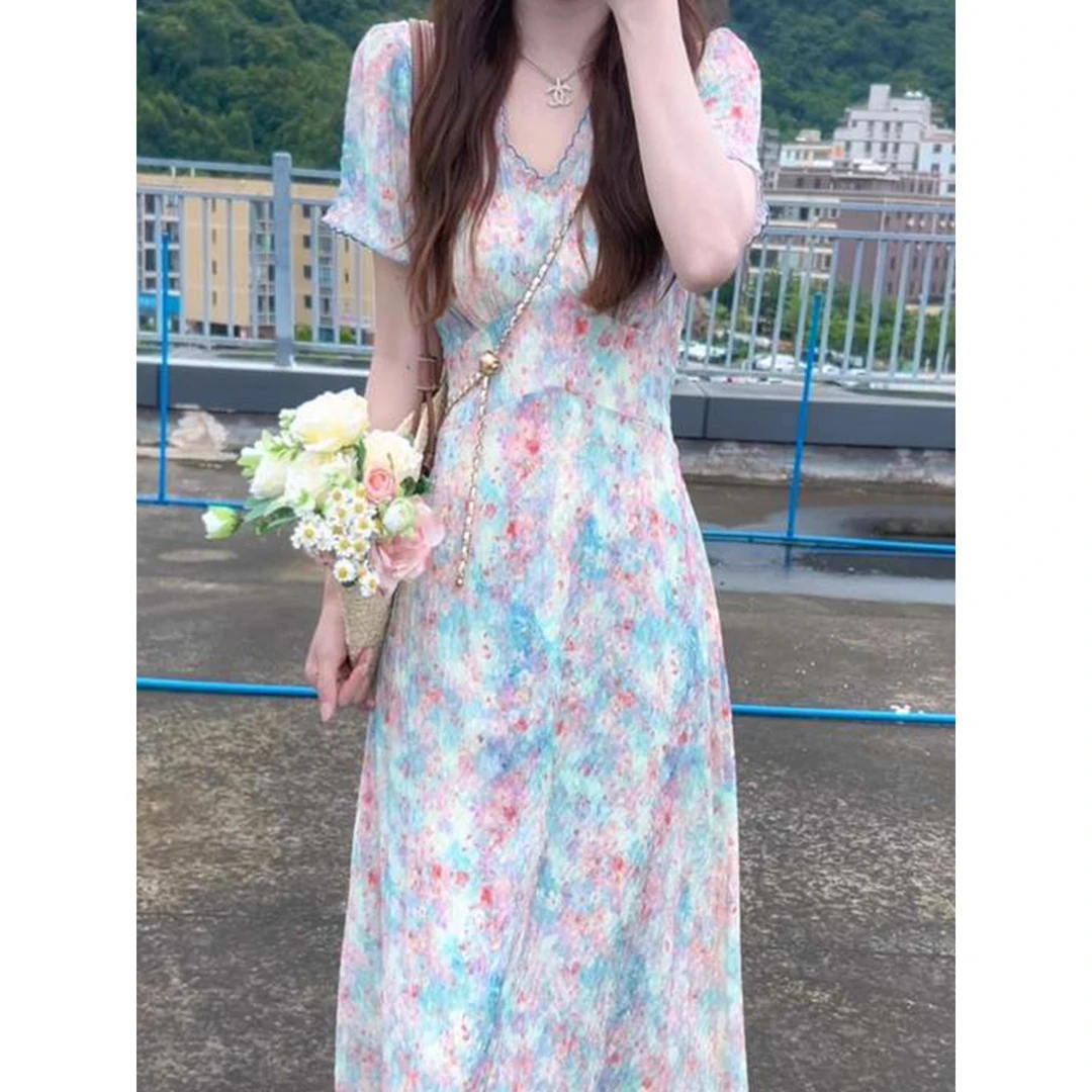 哥弟阿玛施正品【断码】领碎花短袖连衣裙子女2025秋季新款法式气质