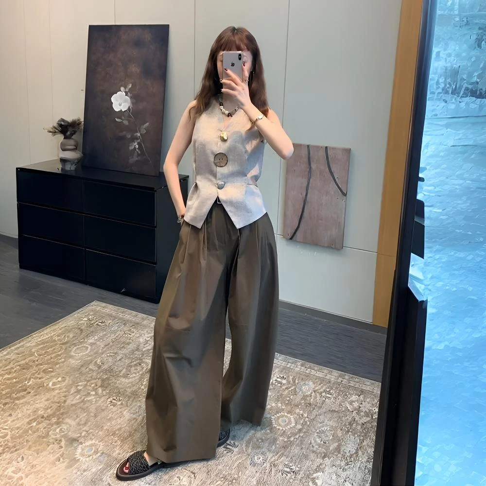 2025夏季新款无袖背心上衣搭纯色高腰阔腿裤复古气质高级感