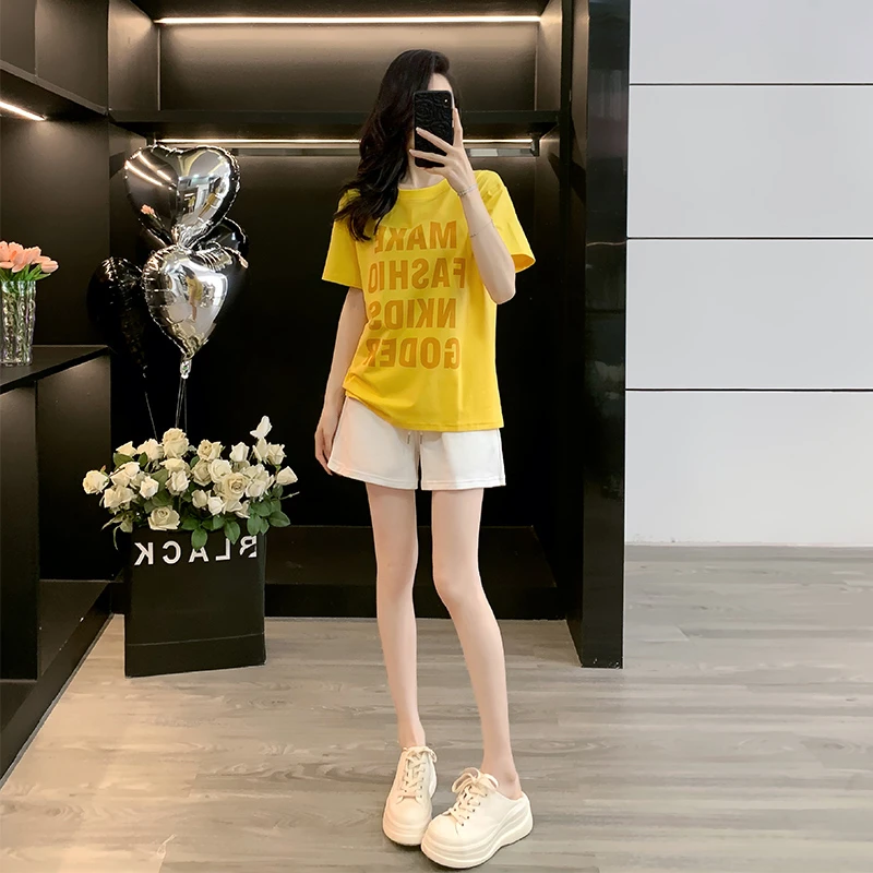 韩系静奢风圆领运动短袖字母T恤套装夏季洋气百搭减龄网红小个子