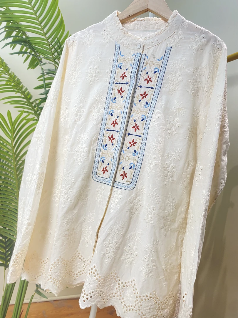 【镂空满身重工刺绣棉纱衬衫】9378